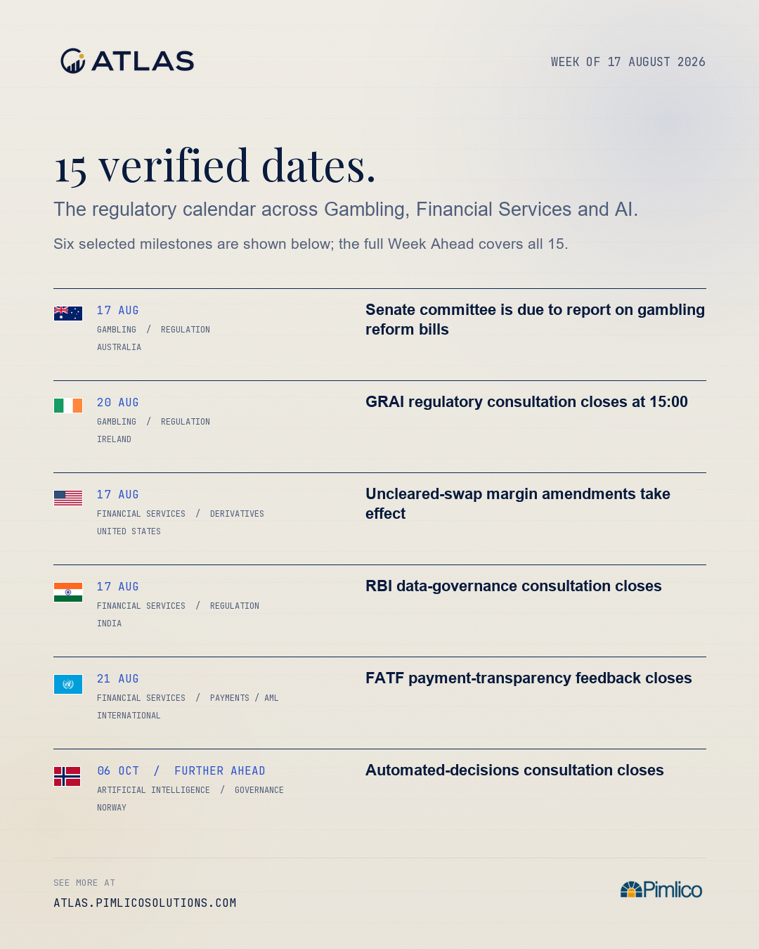 Regulatory Week Ahead: 17-21 August 2026