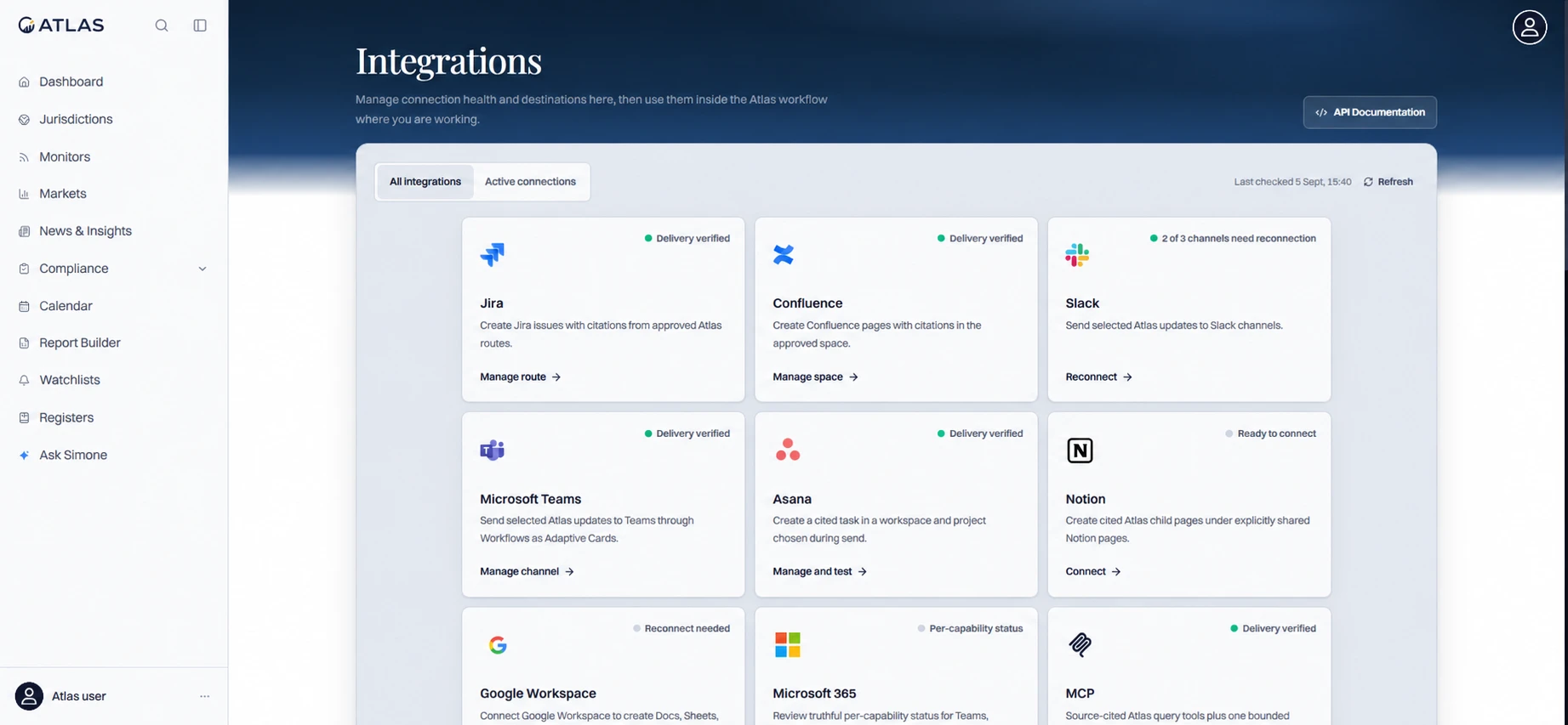 Atlas integrations catalogue with connection-health indicators